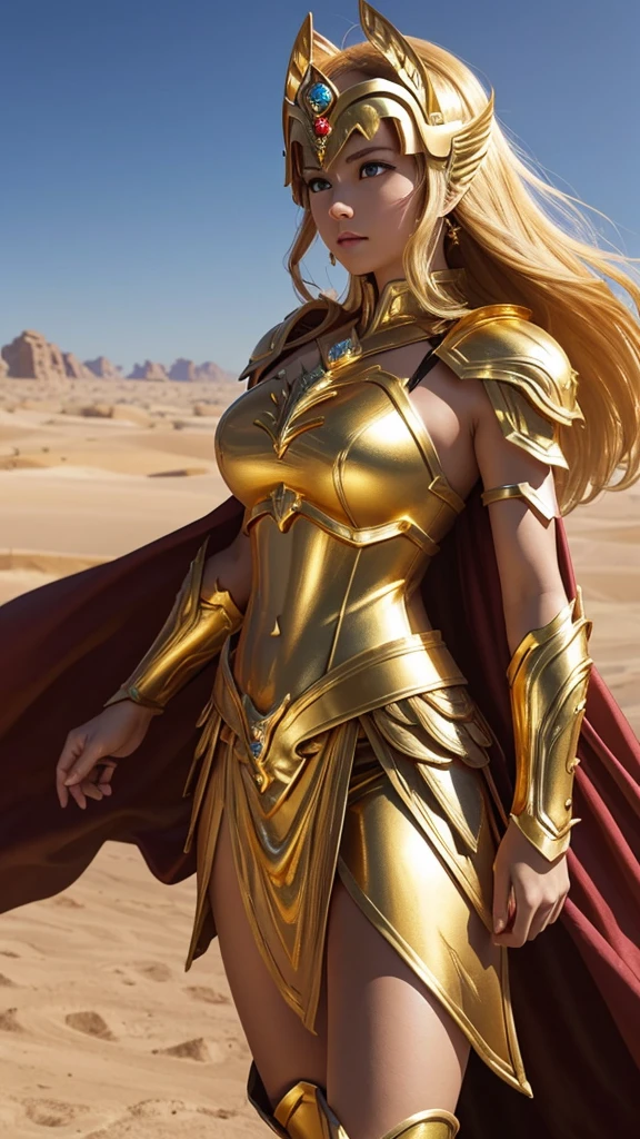 1girl, solo, saint seiya_custome, superhero, gold armor, gold dress, beautiful princess, belly, are on the battlefield, gold sword, gold skirt, running, background in the desert of war
