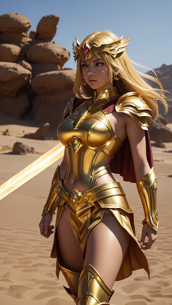 1girl, solo, saint seiya_custome, superhero, gold armor, gold dress, beautiful princess, belly, are on the battlefield, gold sword, gold skirt, running, background in the desert of war