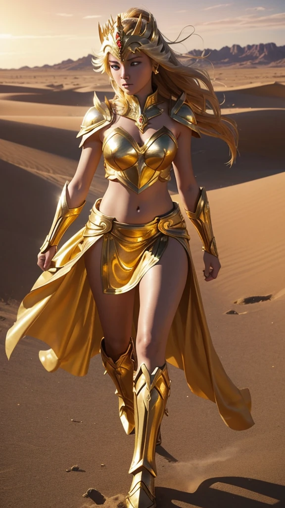 1girl, solo, saint seiya_custome, superhero, gold armor, gold dress, beautiful princess, belly, are on the battlefield, gold sword, gold skirt, running, background in the desert of war