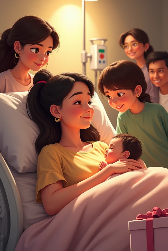 my friend bithi gave birth a new born baby and both of them in a clinic in bed. bithi's mom and relatives also there and i stand down beside with a gift