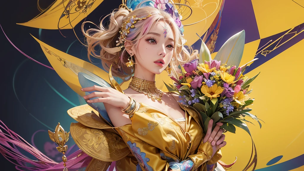 32K, 最高quality, 最高masterpiece, (ultra-Detailed Background, Detailed Background), High resolution, Super detailed, Very detailedな, 1 personの, (bouquet:1.3), (Tangled:1.2), (Geometric:1.2),(colorful),(masterpiece, quality, best quality, Official Art, Beautiful and beautiful:1.2), (1 person:1.3), Very detailed,(colorful:1.1)(Flowers:1.3),Most detailed,(Tangled:1.2), whole body, (Abstract background:1.3), (Skin glows), (Many colors:1.4), ,(Earrings Jewelry:1.5), Pale yellow background, It's imaginative., Milk tea colored hair, Updo,