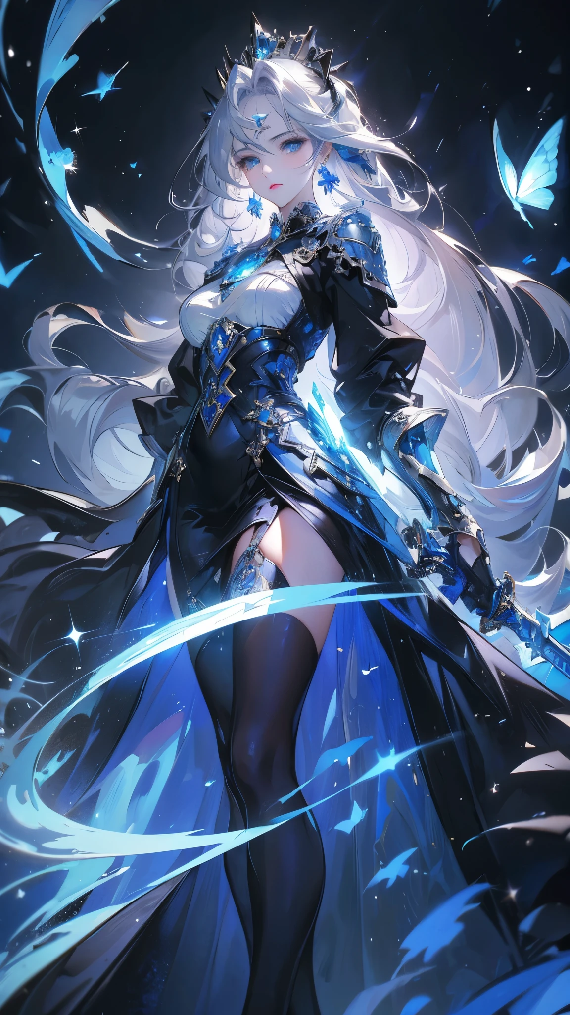 ((masterpiece, Highest quality)), Detailed face,Holy Knight,Character portrait,whole body,Perfect Body Proportions,Long legs,((Long Wavy Hair)), ,Beautiful Eyes,Fantasy Style,Black background,Very beautiful,,Expose,,Silver Hair,Blue Eyes,((Sparkling Eyes)),,Blue Gemstone Brooch,White and blue armor,,A blue butterfly dances in the night sky,Black Stockings,Gorgeous Long Sword