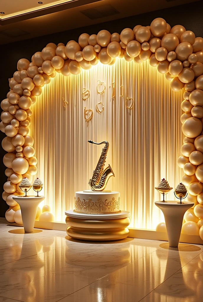 Wall decoration of a large event venue for an 80-year-old man's birthday in gold and white, including separate cones to hold the cupcakes and a saxophone cake, as well as having lights on the wall in the shape of a waterfall., balloons as an arch on the left side with large numbers that say 80 years