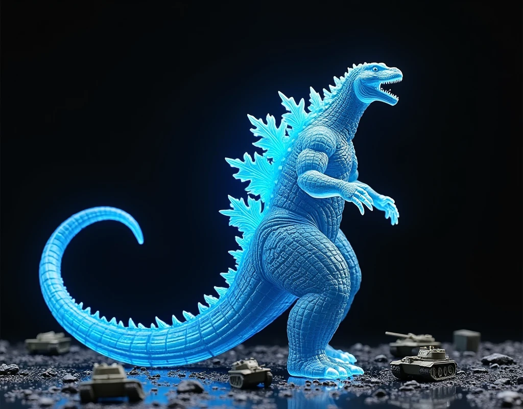 30cm action figure of godzilla standing and spraying atomic breath made of clear plastic with blue LED lighting system and the back creep has blue LED lighting system. On the side is a black packaging box size 50×40cm with the text "(GODZILLA)". On the floor are small war plane and tank parts as accessories. Black background.