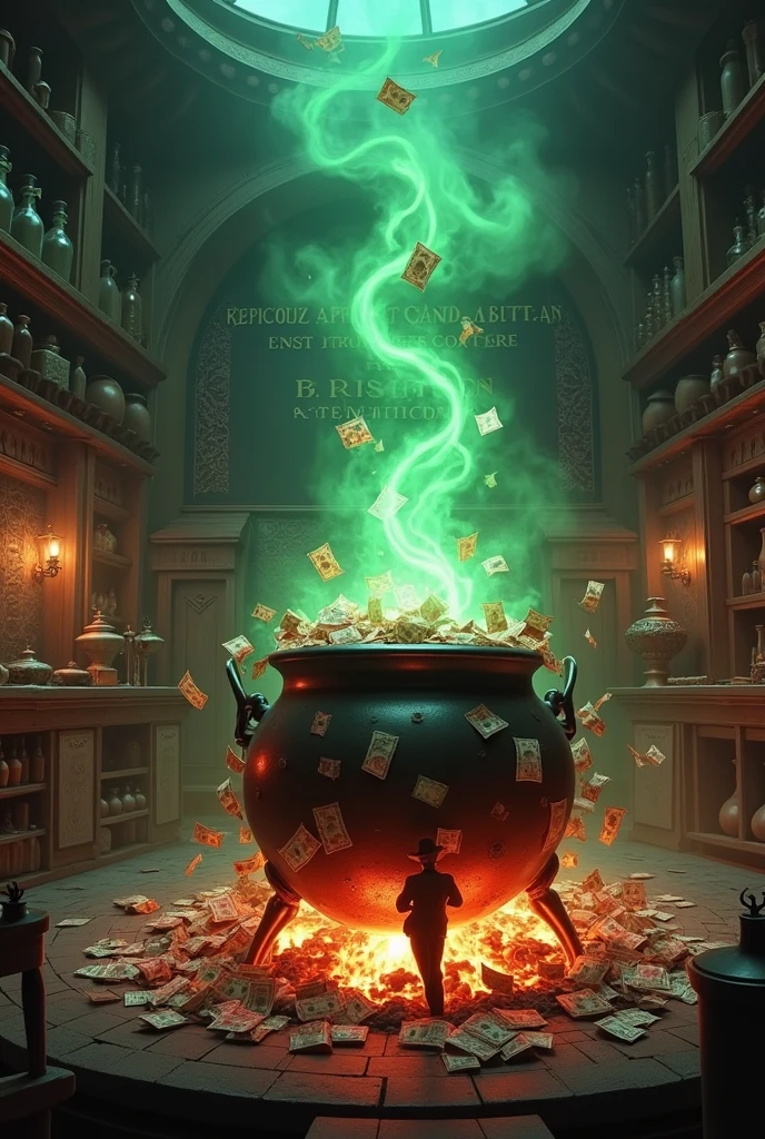 Imagine an aged metal cauldron, placed on a crackling fire in a sorcerer&#39;s apprentice laboratory. The cauldron is overflowing with blood-stained bills, which cascade around him. Green smoke is coming out of the cauldron, mingling with the other strange objects in the laboratory : potions, open grimoires, and various magical instruments. Through the smoke one can clearly see at the back of the room a blackboard on which is written in clear and legible characters: The recipe for a million. The whole thing is bathed in a subdued and mysterious light., adding a touch of adventure and magic to the scene.