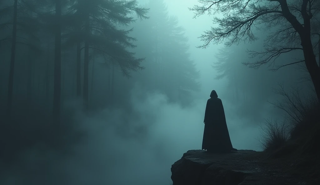 A dark, lone figure standing at the edge of a dense, mist-shrouded forest, There is a satanic ritual with demonic forms barely visible in the mist behind it.