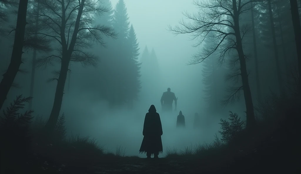 A dark, lone figure standing at the edge of a dense, mist-shrouded forest, There is a satanic ritual with demonic forms barely visible in the mist behind it.