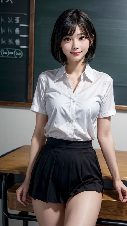High resolution, Super detailed, Realistic, 1 beautiful Japan schoolgirl, Highly detailed beautiful face, Short Bob、Black Hair, Beautiful feet, A light smile, Swimwear, classroom