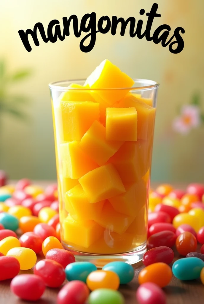 A logo that says mangomitas with a glass full of diced mango with colorful jelly beans in the background 
