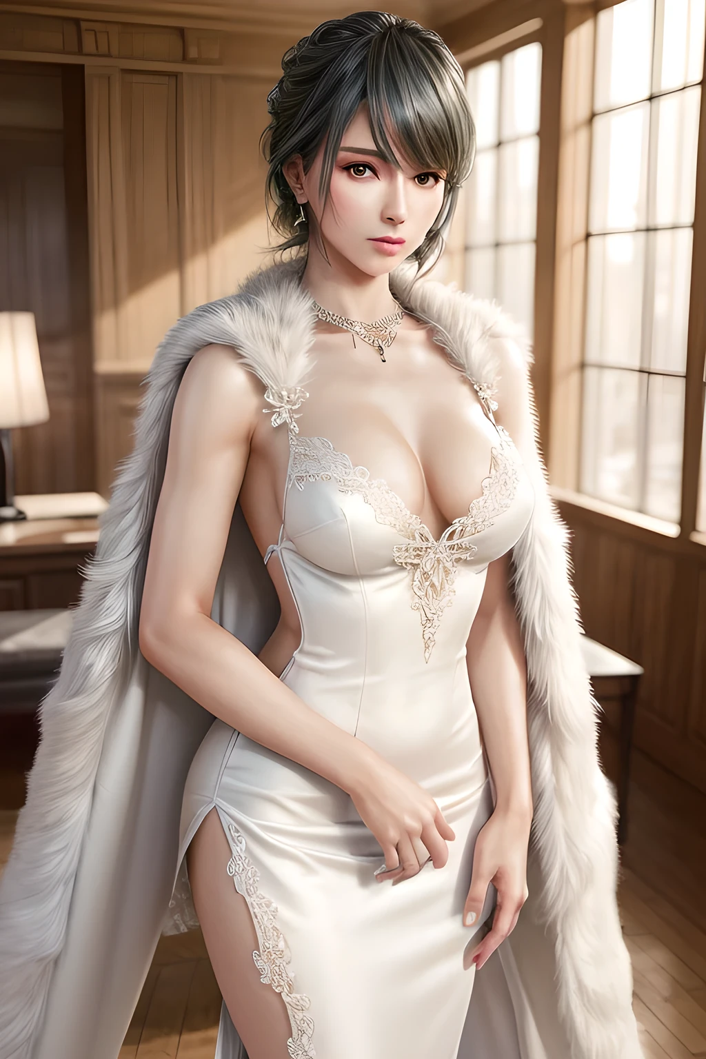 A lady with extraordinary temperament, she stands in a modern indoor space, as if she is a model from a fashion magazine. She is wearing a (pure white long fur cape), the softness and luster of which makes her look more noble under the light, and complements her (beige dress) underneath, showing her gentle temperament while maintaining a sense of fashion. The style of the dress is simple and generous, a perfect match, and it lengthens her figure, making her tall and charming. The lady's makeup is delicate and elegant, which just highlights her facial features and makes people unforgettable at first sight. Although the earrings and necklace she wears are not ostentatious, they add a bit of sophistication and nobility to her overall look. Her hair is casually draped over her shoulders, and every strand of hair exudes a natural luster,, (best quality,8k,highres,masterpiece:1.2),ultra-detailed,(realistic,photorealistic,photo-realistic:1.37),studio lighting,ultra-fine painting,sharp focus,physically-based rendering,extreme detail description,professional,vivid colors