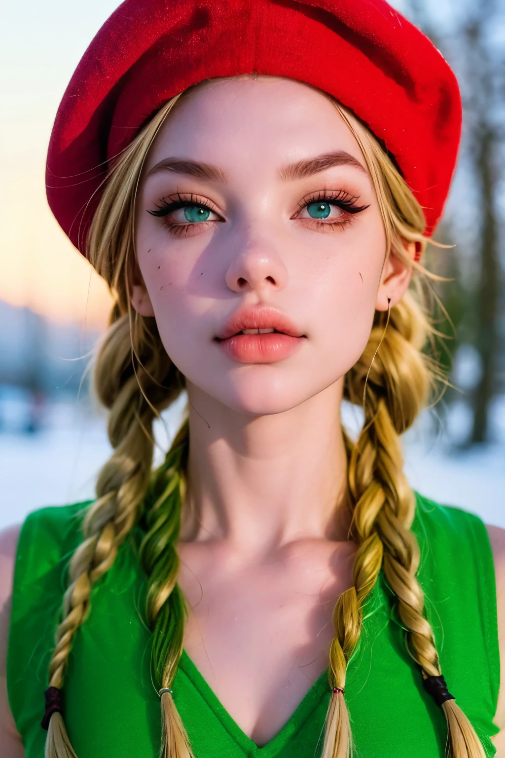 ashe \(cammy\), (1girl), (solo), (Full body photo), (low angle shot), (masterpiece:1.0), (best quality:1.4), (ultra highres:1.2), (photorealistic:1.4), 8k resolution, absurdres, ultra detailed, sharp focus, (low light: 1.4), photorealistic, Beautiful face with symmetry, Wearing classic green costume, hot Body, Gradient Eyes, Intense crystal light blue eyes, Intense highlighting of the eyes, Slightly bigger eyes, Double eyelids, lipgloss, Full lips, (Perfect hot Body), (Blond hair with twin braids, Red beret, Red glover), place with lots of snow and snowy mountains