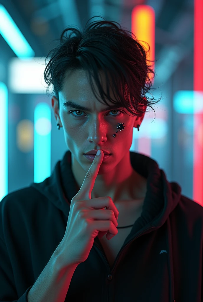 A young shocking man .standing finger on his lips cyber realistic image from front side