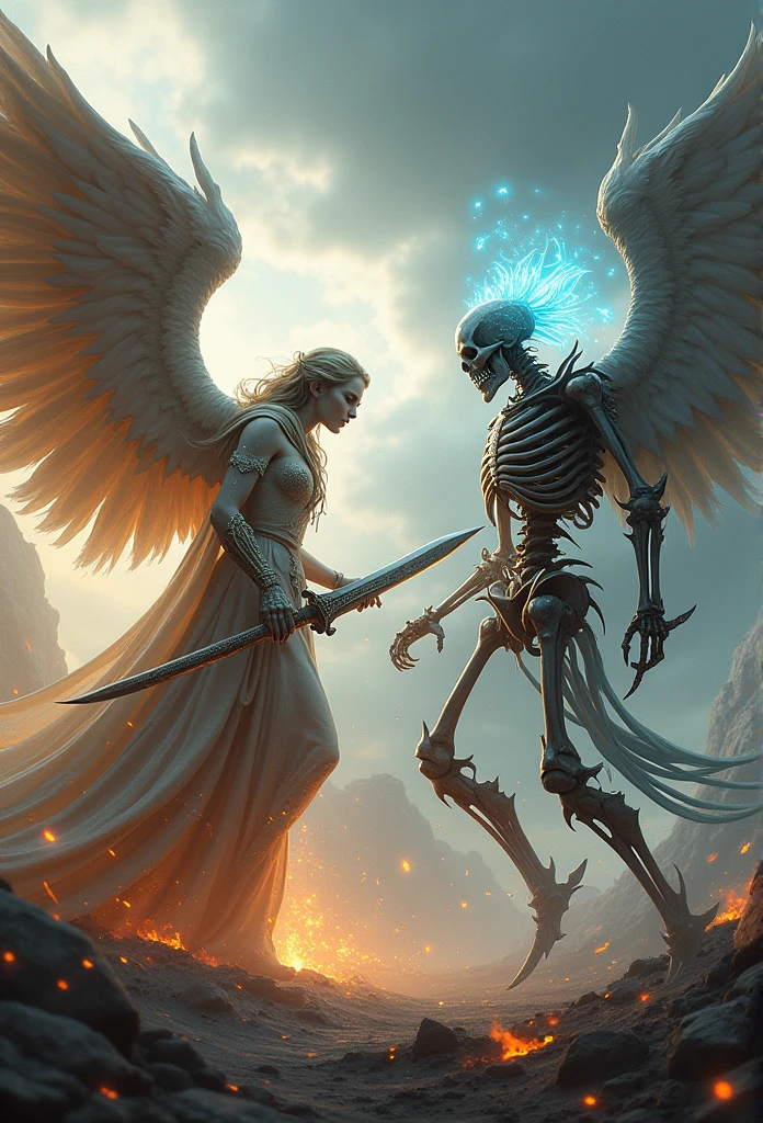 Realistic, 4K, Angel + Skeleton King with intricate details, Detailed information items and skill images are displayed with dynamic effects + With big wings, sword, Hood on head in war background image (chaos)