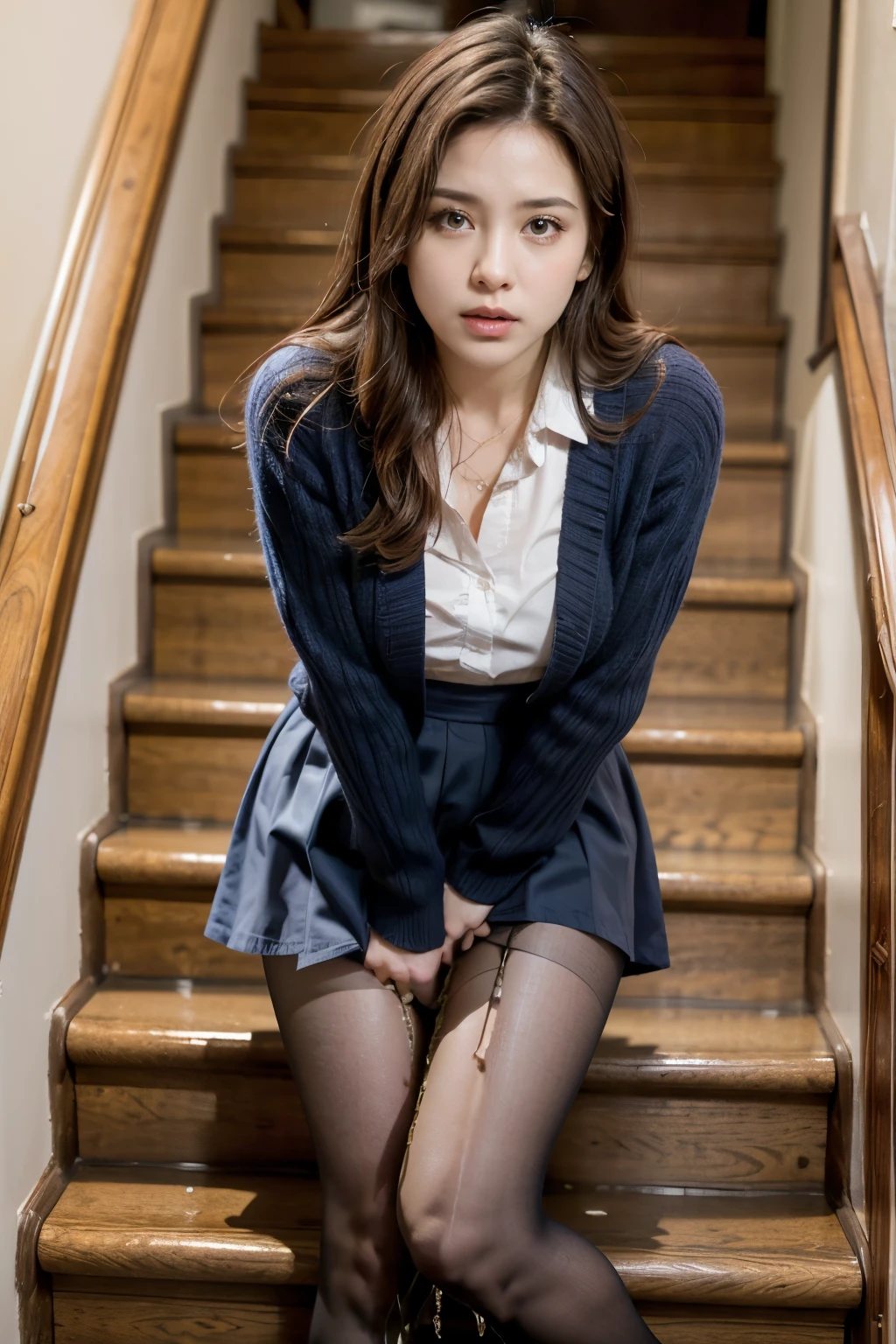(masterpiece, Highest quality, High resolution, 超High resolution, Pixel perfect, Written boundary depth, 4K, RTTX10.0, High resolution))), (One Woman:1.3), Beautiful Real Woman, Beautiful art style, ((Detailed face:1.2)), ((Urinating、Pee leak、Peeing、Lots of pee、From below、Gazing at the audience))、((Smooth texture:0.75, Realistic texture:0.5, Real CG style)), (Maximum resolution: 1.2), Cinema Lighting, ((Highest quality)), ((masterpiece)), (High resolution), 8k, Best Shadow, The best natural light, Cinematic, (Adult woman going down the stairs:1.2), (Brown Hair,)、shy、ponytail, Red ribbon, (Navy Blue Blazer, Brown cardigan, White shirt, Checked skirt))、(Navy blue socks)、((Front view))、(Angle from the front:1.1)、Station stairs、City Stairs, (Skirt flipped up by the strong wind:1.3), (A perfect skirt of uniform length:1.4), Stylish white side-tie lace panties, Ultra-realistic pantyhose、Pantyhose and skirt、Slender body,Beautiful thighs, (Embarrassed look), Pulling on skirt, Legitimate, Woman and consent photo shoot, Wind lift