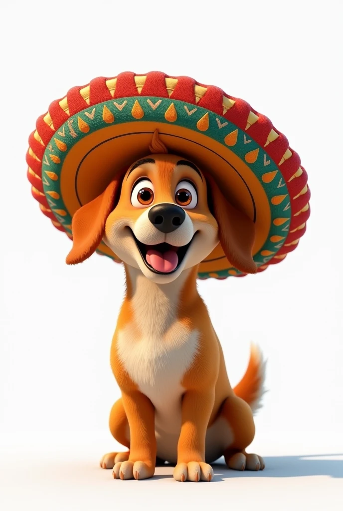 Smiling dog wearing big Mexico sombrero in Pixar cartoon style cinematic digital art white neutral background