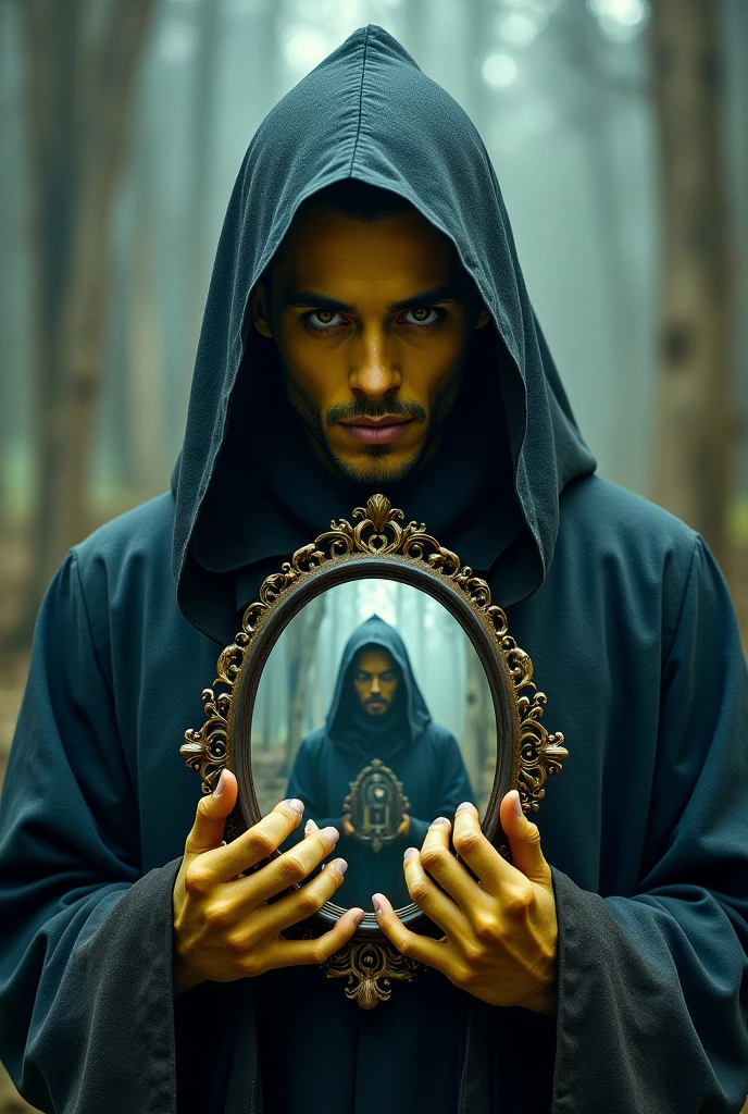 A man in hood, with charming look, yellowish in color, holding a mirror in your hands