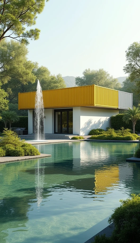 ((best qualityer)), ((work of art)), (detailded), garden with a lake and a modern house made of container and metal that has yellow and white tones, in the middle of the lake a tall metal sculpture with a fountain