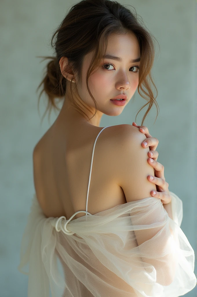 Create an image of a beautiful young woman with physical attributes and her clothing is translucent. 
