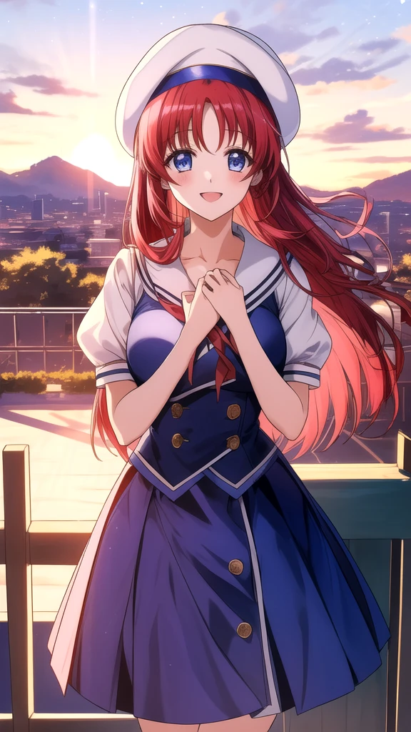 kotorishirakawa, ((masterpiece, best quality, highres, distinct_image)), 
extremely beautiful and delicate, extremely detailed, intricate detail, 1girl, 独奏, short stack, huge breasts, red hair, long hair, straight hair, Blue eyes, BREAK skirt, hat, school uniform, short sleeves, socks, puffy sleeves, puffy short sleeves, beret, Cute Smile Open your mouth, Are standing, (Winter Night、With the sunset and the fence behind、Receiving a confession on the school rooftop。I got closest to that smile:1.1), (Place your hands on your chest:1.3), Two Arms, (cinematic angle:1.1),