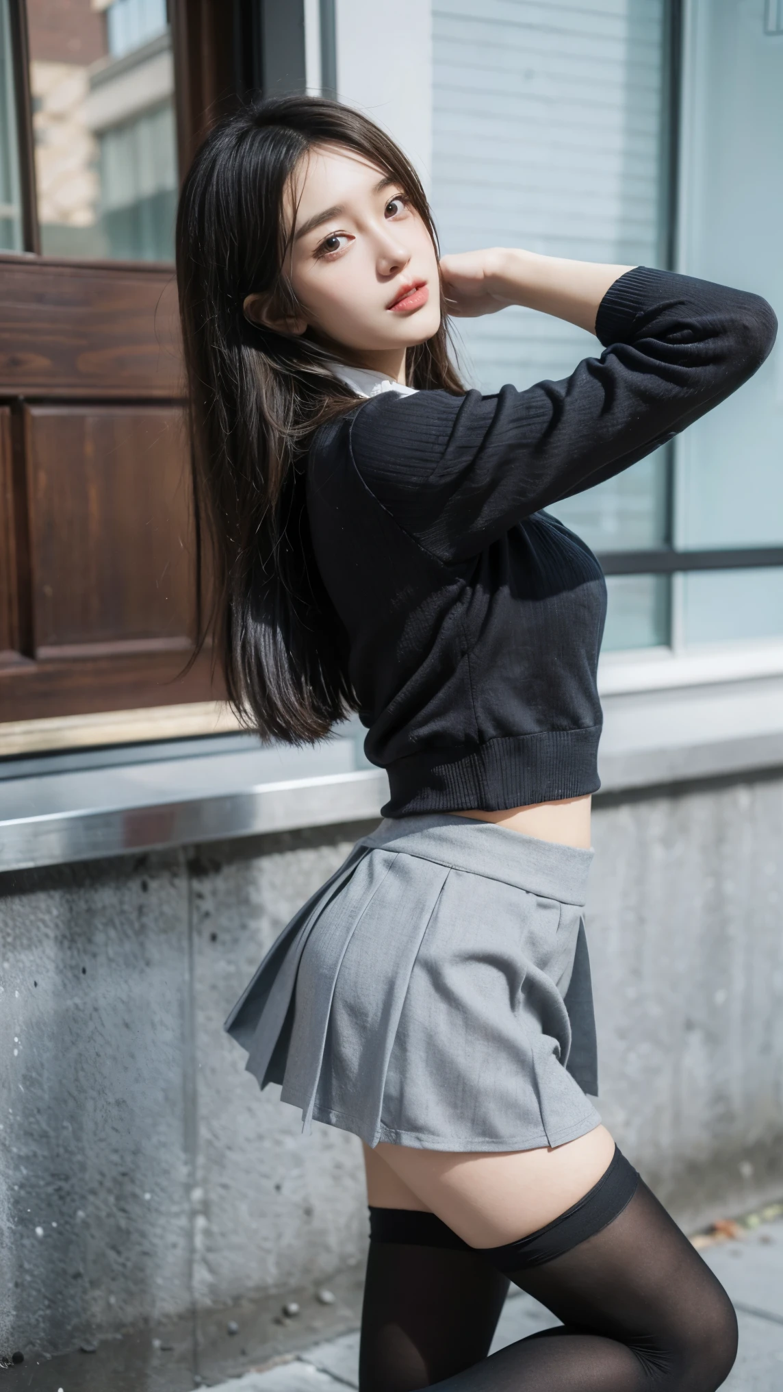 there is a woman taking a selfie in a skirt and tights, a hyperrealistic schoolgirl, thighhighs and skirt, hyperrealistic schoolgirl, wearing skirt, very  outfit,  outfit, wearing skirt and high socks, realistic schoolgirl, cute schoolgirl, pretty face with arms and legs, wearing a skirt, dressed as schoolgirl, intriguing outfit