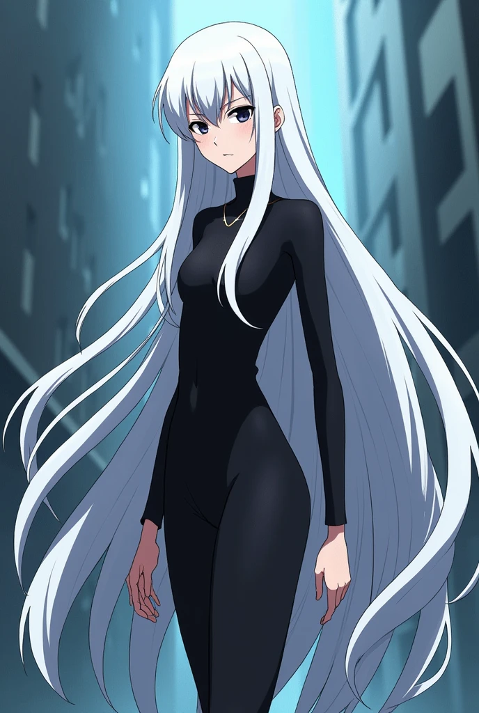 Boku no hero academia character with long white hair and black eyes, tall and thin