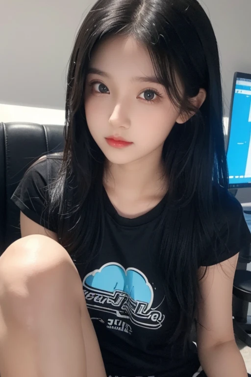 A girl with prefect body logo black here sitting on chear indian pri deres frok gaming girl cute face pretty eyes age 14 yer old