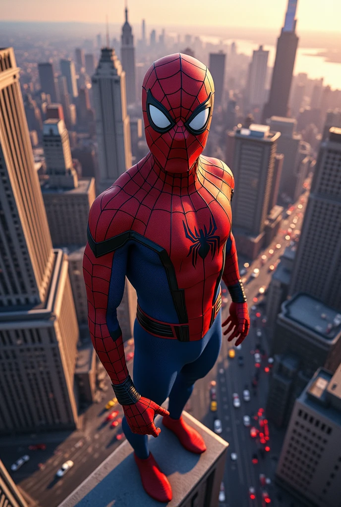 Create Spider-Man on top of a building looking at New York City