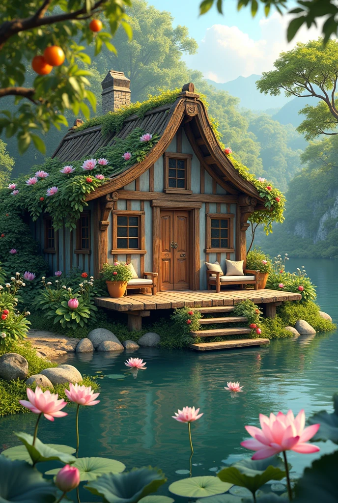 A small cottage with a terrace for sitting. In front is a lotus pond. Surrounded by fruit trees and flowers.
