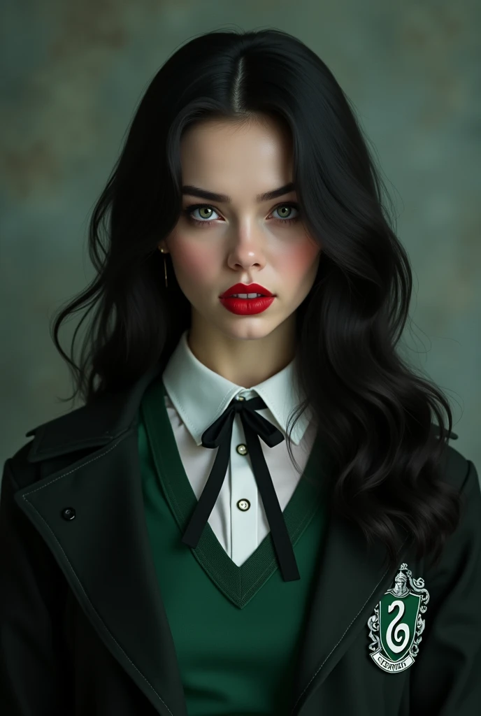 Beautiful young woman, porcelain skin, white skin, full red lips, (black, long, wavy hair) intimidating gray eyes, dressed in the Hogwarts Slytherin uniform