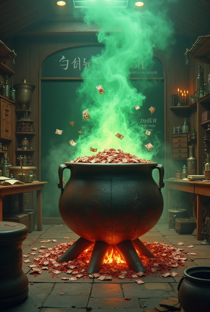 Imagine an aged metal cauldron, placed on a crackling fire in a sorcerer&#39;s apprentice laboratory. The cauldron is overflowing with blood-stained bills, which cascade around him. Green smoke is coming out of the cauldron, mingling with the other strange objects in the laboratory : potions, open grimoires, and various magical instruments. Through the smoke one can clearly see at the back of the room a blackboard on which is written in clear and legible characters: The recipe for a million. The whole thing is bathed in a subdued and mysterious light., adding a touch of adventure and magic to the scene.