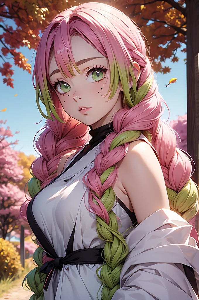 a cartoon drawing with pink hair standing in a field surrounded by autumn trees, 1girl, solo, kanroji mitsuri, multicolored hair, green eyes, mole, pink hair, braid, green hair, sweater, long hair, gradient hair, mole under eye, looking at viewer, twin braids, breasts, parted lips, off shoulder, lips, sleeveless, autumn leaves, bare shoulders, autumn,mitsuri(demon slayer)