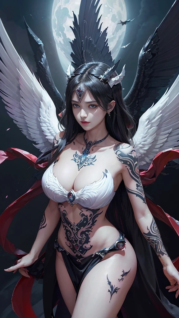 ((Perfect dynamic composition:1.7, Detailed tattoos all over the body:1.6, Wear exquisite jewelry:1.6)), Highly detailed skin and face:1.3, Details of the limbs, Wings on the shoulder, Angel wings and devil wings, White wings and black wings, (Realistic picture, highest resolution, 16ก), (A demon god with wide wings and enormous power on his shoulders...., Twelve wings on the shoulders., black bat wings:1.3 white angel wings:1.5), 6 angel wings, 6 devil wings, (Beautiful girl with two meter long hair, Shiny black hairงาม, Smooth white skin, Lips are very red..), ((stand, เรียบร้อยalready)), (หน้าอกbig, หัวbig tits), (gigantic breast, breast augmentation, Breast 400 cc.., small waist, hips raised, small thighs, Long legs), (dynamic poses), (Armor that slightly covers the body), Separate theme, (Angel wings and devil wings), floating in the air above the groundดิน, background darkness, Embraced with twelve wings, The horns growing from his head resemble a crown.., Those who have light, Wearing little armor, Energy comes out of the body.., sparkling wings, White light, black light, Amazing wings, beautiful posture, 8K resolution, Resolution 4000 x 2250 pixels, beautiful posture, Angel wings and devil wings, (Realistic picture, highest resolution, 16ก), (A demon god with wide wings and enormous power on his shoulders..., Twelve wings on the shoulders., black bat wings:1.3 white angel wings:1.5), Angel wings and devil wings, White wings and black wings,, 100 wings 1000 wings, Angel wings and bat wings, Wings between wings, 12 Wings, 6 angel wings, 6 bat wings, Angel wings and devil wings, White wings and black wings,, (Beautiful girl with two meter long hair, Shiny black hair, Smooth white skin, Lips are very red..), My hair is very long., ((stand, already)), (หน้าอกbigโต, หัวbig tits), (gigantic breast, small waist, hips raised, small thighs, Long legs), (dynamic poses), (Black and white tight dress, There are beautiful patterns.., Decorated with gold embroidery., Show your breasts), Separate theme, (Angel wings and devil wings), floating in the air above the ground, background darkness, Embraced with twelve wings, He is both white and black.., A glowing rainbow on the back of the head, The biggest breasts, big , Backdrop of the Universe, dynamic gesture, Drive skin, Smooth white skin, (The wings are layered., Alternate with white, Alternate with black. The wings have alternating layers of white., Switch with C