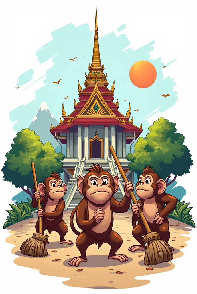 The logo of the coconut broom of the Thai community is a local style with a unique identity. It is a city of monkeys holding a broom, sweeping the temple, with a temple in the background.