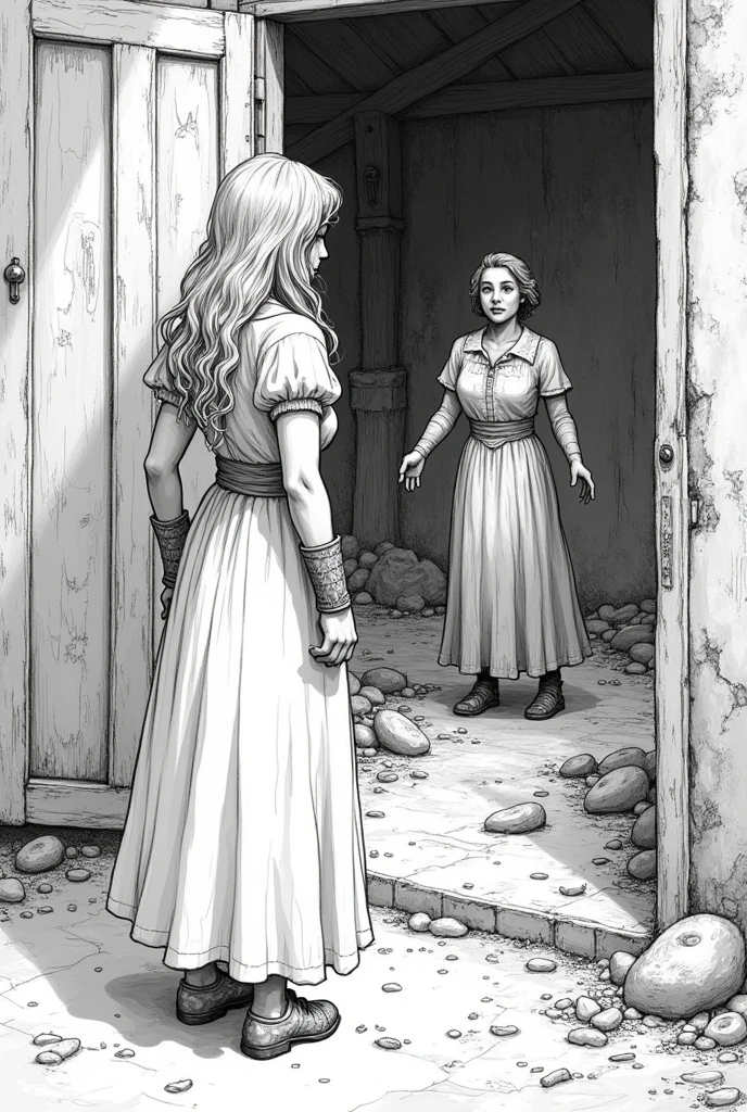 Create a lineart illustration Setting: Cybele entering the filthy hovel and meeting Martha for the first time. Details: Cybele may be depicted at the entrance to the shack, looking shocked upon seeing Martha. Martha, upon recognizing Cybele, shows a glimmer of hope in her eyes. The scene may be shrouded in darkness, with the dim light highlighting the figures of Cybele and Martha, and the filth and neglect of the surroundings.