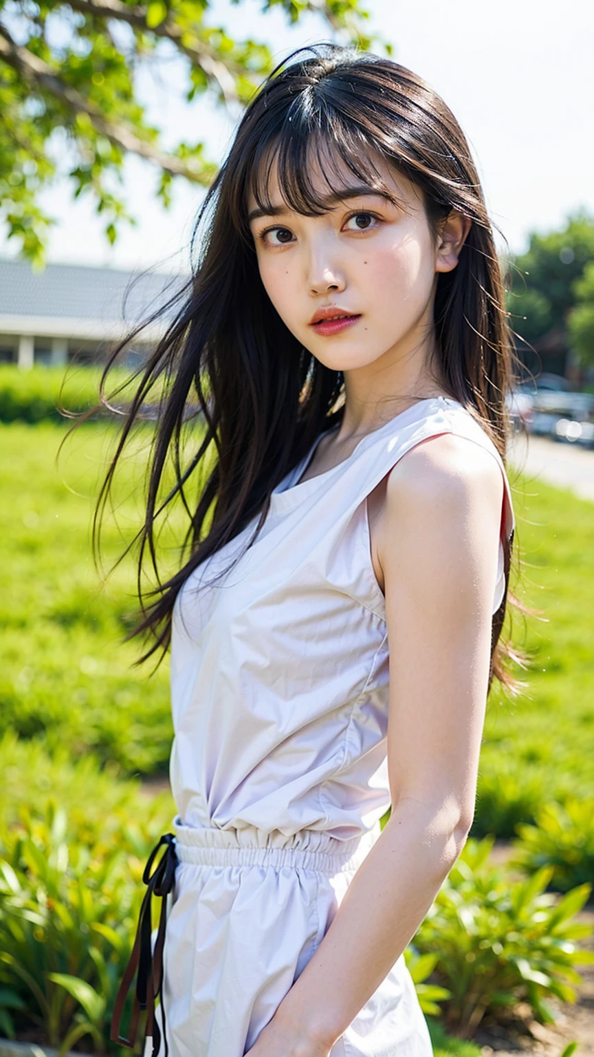 (Raw photo, Best Quality), (Realistic, Photorealsitic:1.3), masutepiece, Extremely delicate and beautiful, Soft light, (Brown hair, Shoulder-length straight hair swaying in the wind), Beautiful detailed girl, (Detailed fingers), extremely detailed eye and face, beautiful detailed nose, Beautiful detailed eyes, 1 girl, Japanese, Neat and clean beauty, Cute, young, dress shirts, Pants, (Half body:1.3), (medium breasts), Realistic face, Realistic body,