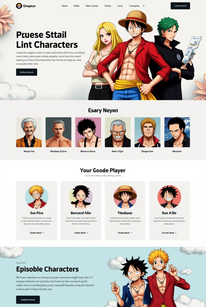 Create a modern One Piece landing page, where the characters are shown, episodes and others