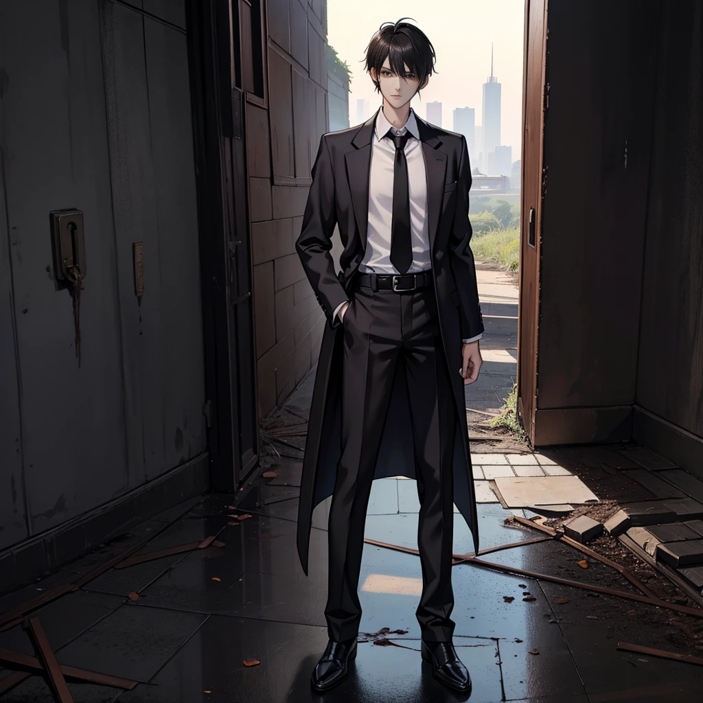 A Fullbody Picture Of A Really Tall anime ager boy, black hair, black eyes,cute, dress shirt and dress pant with belt, strict, serious Look on face,At An a Old Abandoned Deep Dark mansion