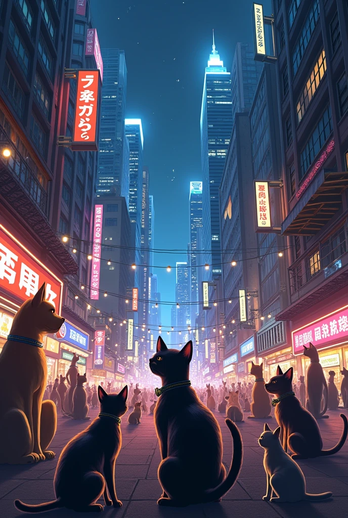 "Masterpiece" "Best composition" Many cats and dogs in the city, many buildings, at night, bright city, collect details.