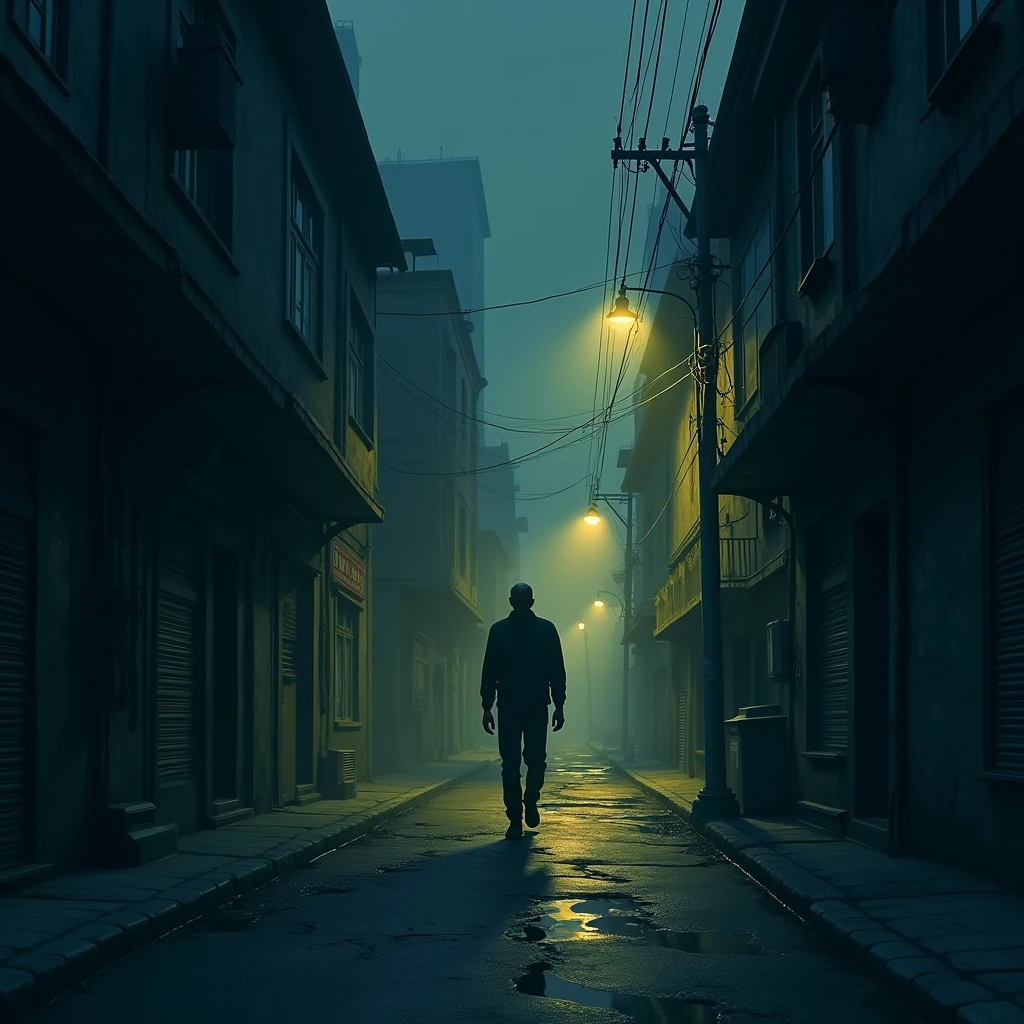 A dark street with a man walking 