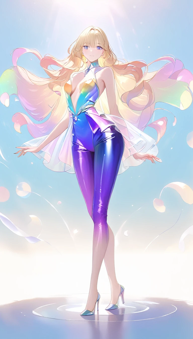((high detail, high quality, best picture, Masterpiece, 8k, delicate and dynamic depiction)),full body standing, sexy pose, A tall, beautiful woman in her 20s with medium breasts, Luminous design, shiny glossy iridescent clothes, shiny glossy gradient iridescent clothes, shiny reflective clothes, pastel colors, ink drops, morning lights, Bokeh, Pale, soft gradient