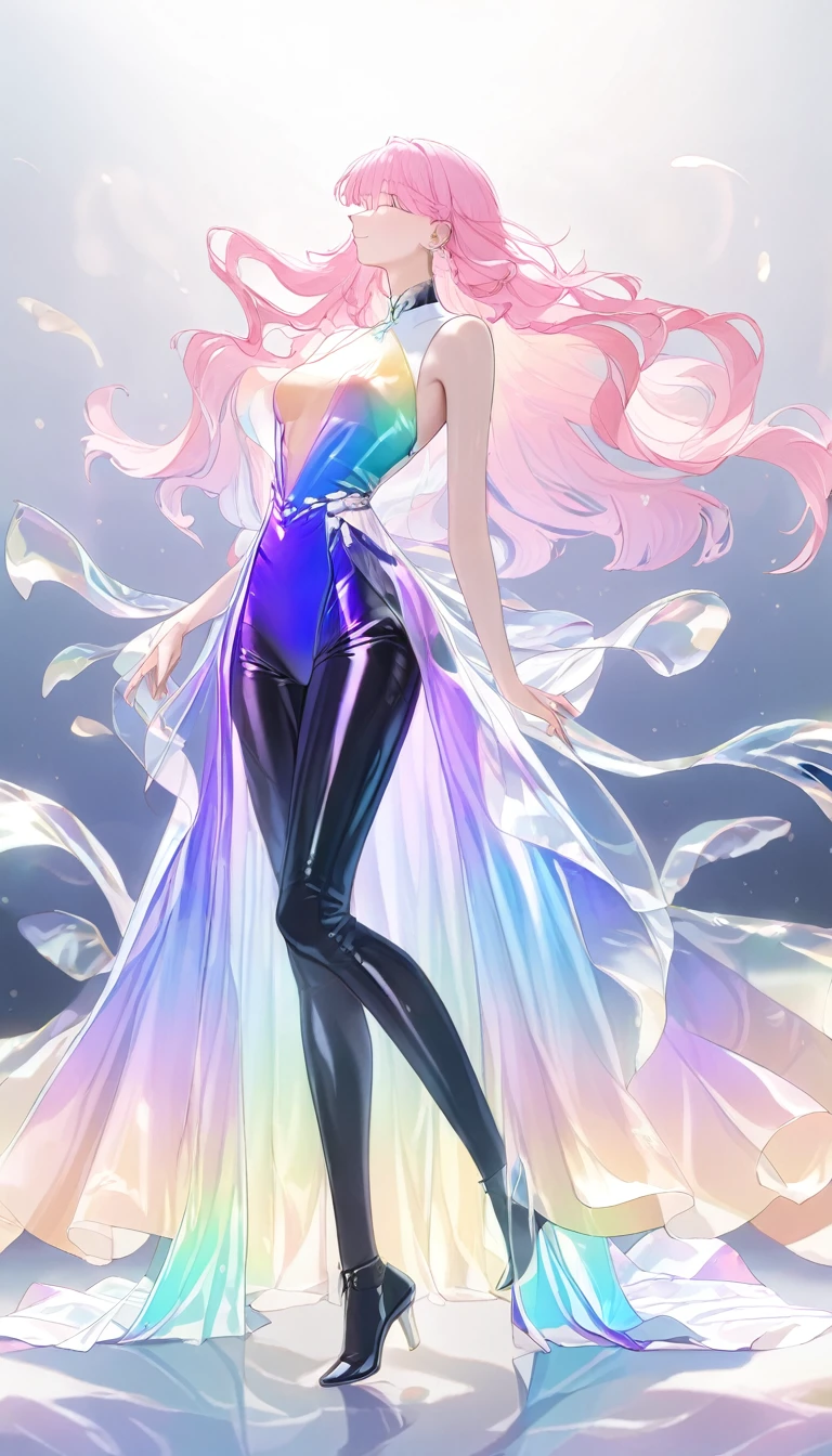  ((high detail, high quality, best picture, Masterpiece, 8k, delicate and dynamic depiction)),full body standing, sexy pose, A tall, beautiful woman in her 20s with medium breasts, Luminous design, shiny glossy iridescent clothes, shiny glossy gradient iridescent clothes, shiny reflective clothes, pastel colors, ink drops, morning lights, Bokeh, Pale, soft gradient