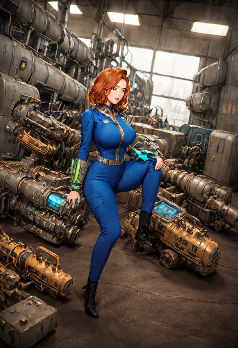 detailed illustration, dynamic angle, ultra-detailed, illustration, lots of women, wearing a Vault Suit, and a PipBoy on her wrist, machinery, industrial, inside, florescent lights, s, milfs, medium breasts, large breasts, cleavage