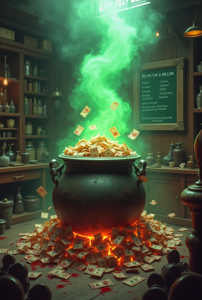 Imagine an aged metal cauldron, placed on a crackling fire in a sorcerer&#39;s apprentice laboratory. The cauldron is overflowing with blood-stained bills, which cascade around him. Green smoke is coming out of the cauldron, mingling with the other strange objects in the laboratory : potions, open grimoires, and various magical instruments. Through the smoke one can clearly see at the back of the room a blackboard on which is written in clear and legible characters: The recipe for a million. The whole thing is bathed in a subdued and mysterious light., adding a touch of adventure and magic to the scene.