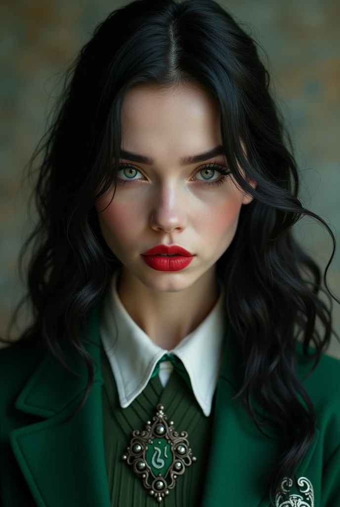 Beautiful young woman, porcelain skin, white skin, full red lips, (black, long, wavy hair) intimidating gray eyes, dressed in the Hogwarts Slytherin uniform