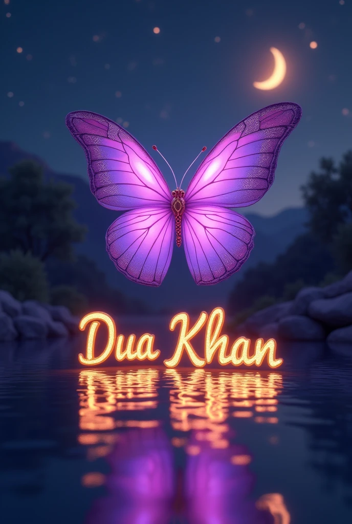 Un rendu 3D fascinant d'un papillon violet éclatant et vibrant, flottant délicatement au-dessus de la surface de l'eau dans un paysage nocturne tranquille. Les papillons, un beau mélange de tons chauds, rayonnent d'une douce lueur violette qui se reflète dans l'eau. Le nom «Dua Khan» est élégamment écrit en lettres 3D éclairées en or, se reflétant dans la surface de l'eau. Autour de la scène, des étoiles scintillantes et un croissant de lune créent une atmosphère romantique et enchanteresse. 4k ultra