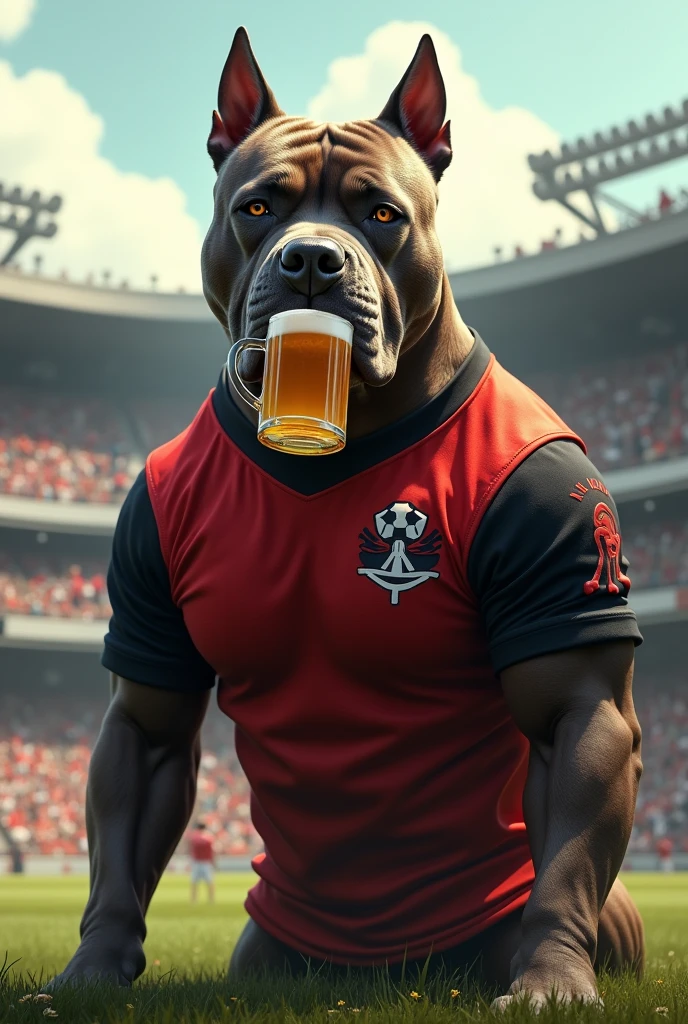 strong pitbull in stadium with red and black striped shirt holding beer mug
