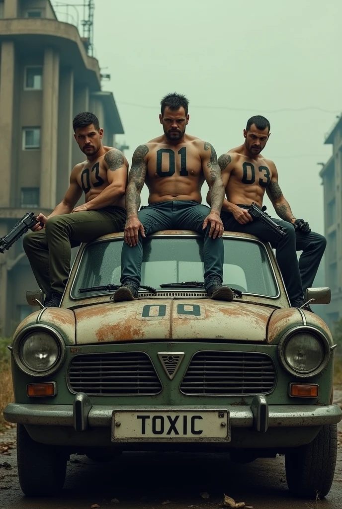 Generate a mobile size wallpaper of 3 men. The have their number tatoo on their chest. The leader number is 01 . other two number are 03 , 08 respectively . Theirs tatoos are visible clearly. The 01 number men 
are sitting on the roof of old blue dacia car and smoking a cigarette  in up head style. One of them is standing at left side of car and other one is on right side with guns. TOXIC are printed on the car number plate .This are are situated in infected area.