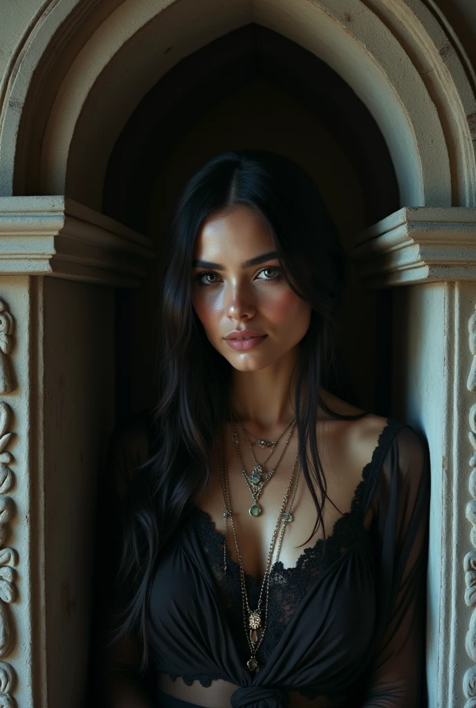 woman with depressed appearance , Fragile complexity with great Mexican beauty in a tomb