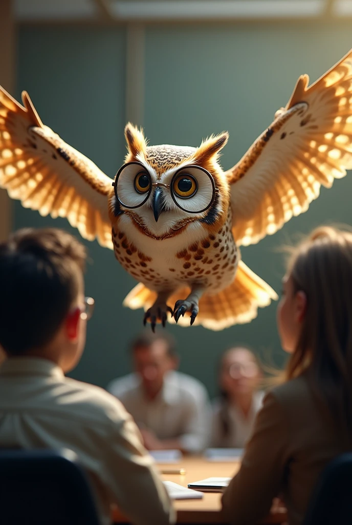 Image: The boss, an owl with glasses, He flies towards the group with an expression of wisdom and patience.
Owl Text: "How are the reports going?? We need you to be ready for this afternoon's meeting.."