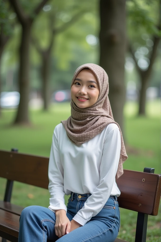 a beautiful Indonesian woman, 30 years old, wearing a white t-shirt and jeans outer, jeans.
light brown patterned hijab. sitting on a long wooden chair, city park background with trees. realistic, 5D 8K